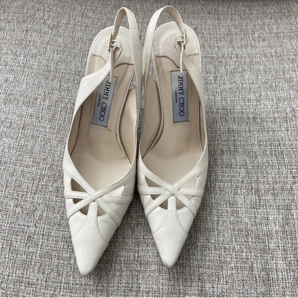 JIMMY CHOO Grainy Goat Leather Ecru Heels EU 38 US 7 Slingback Pointed Toe Ivory - Picture 2 of 7